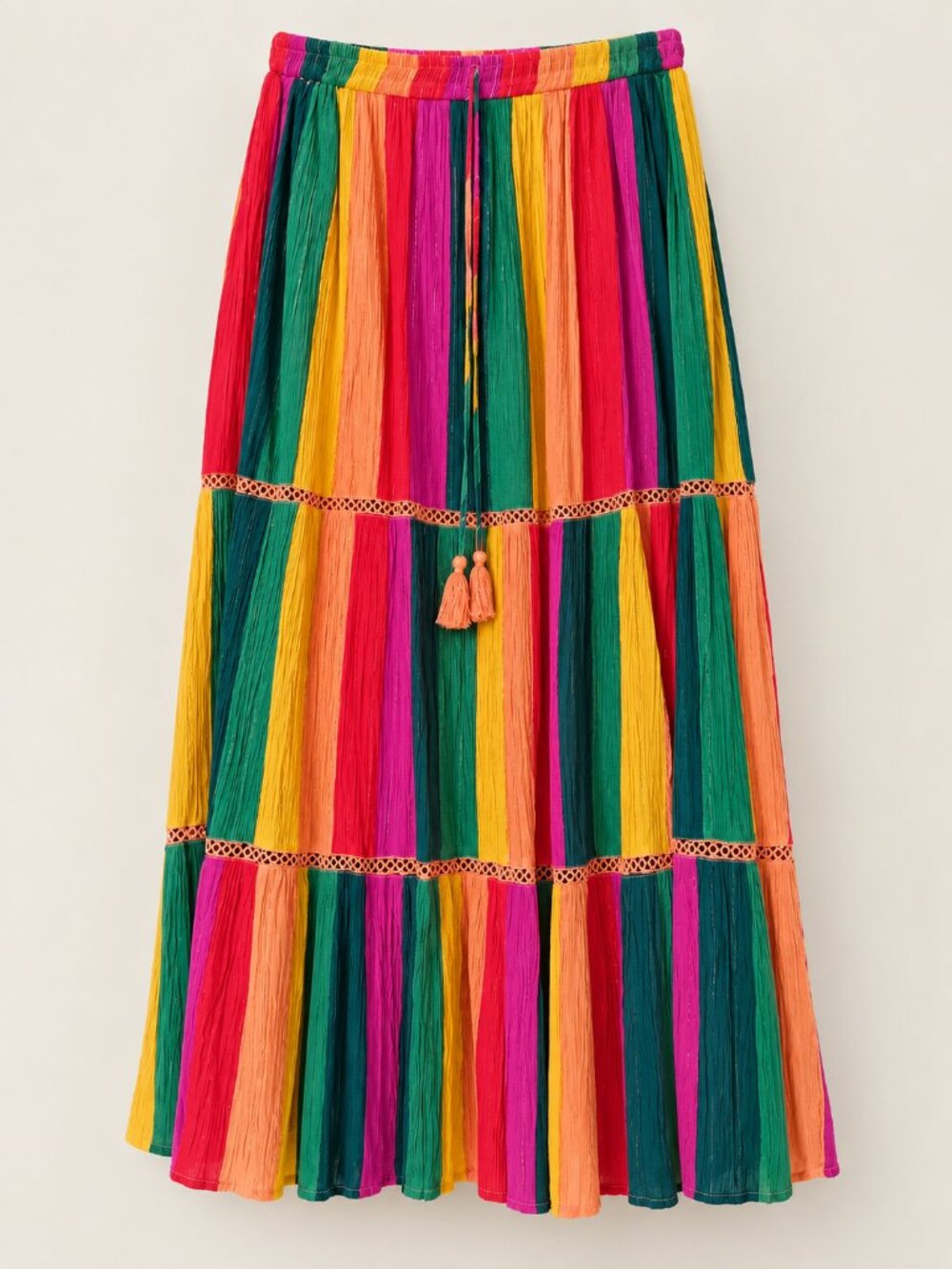 Gypsie Blu Rainbow Tiered Maxi Skirt Boho Tassels L